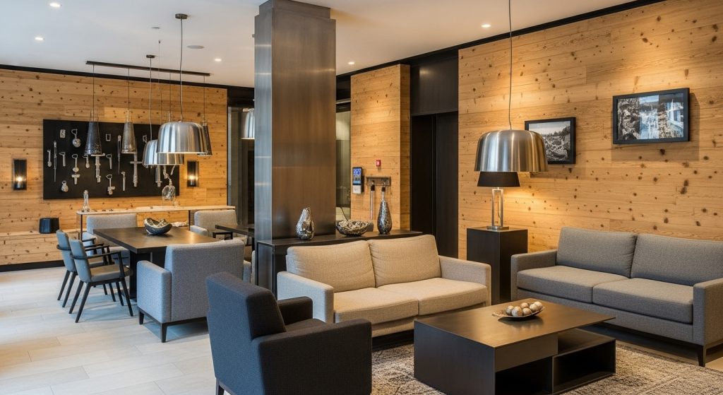 Hotel lobby blending warm timber accents with sleek metal finishes.