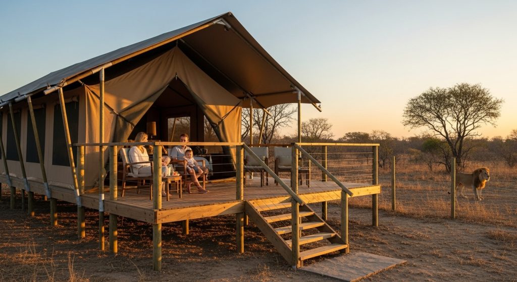 Family relaxing in a safari tent in the wild.