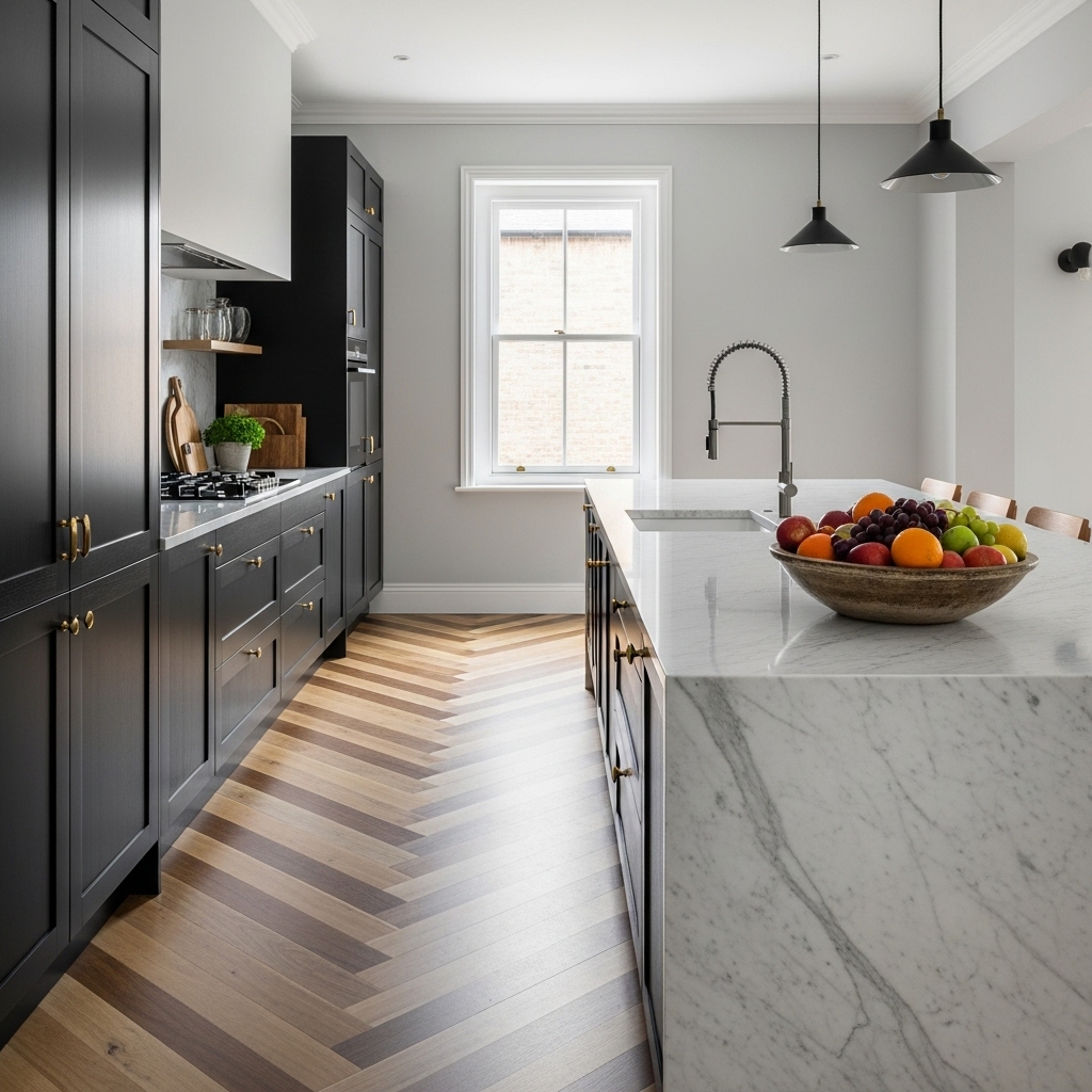 Modern kitchen with 2 toned Chevron flooring.