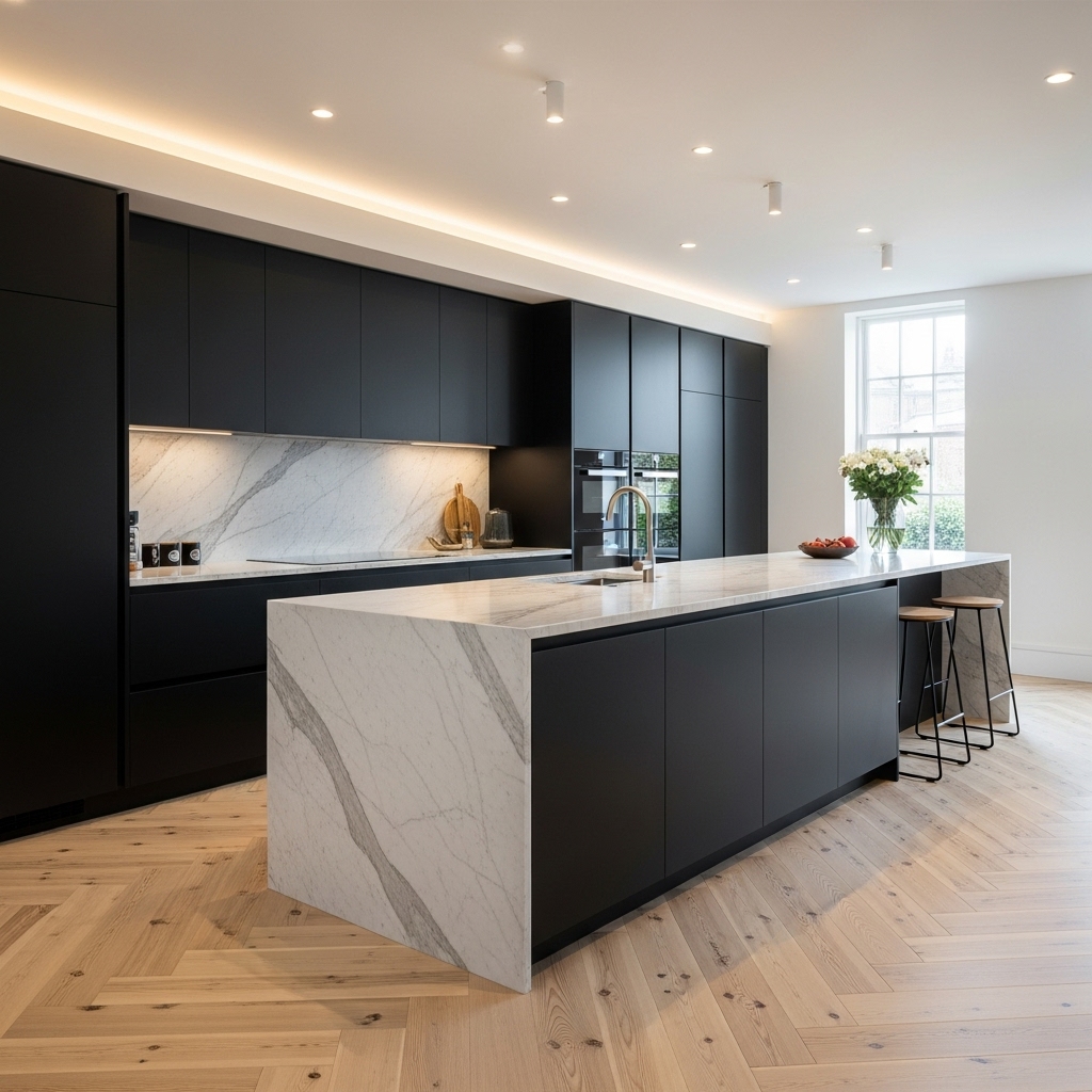 clean modern kitchen with chevron flooring