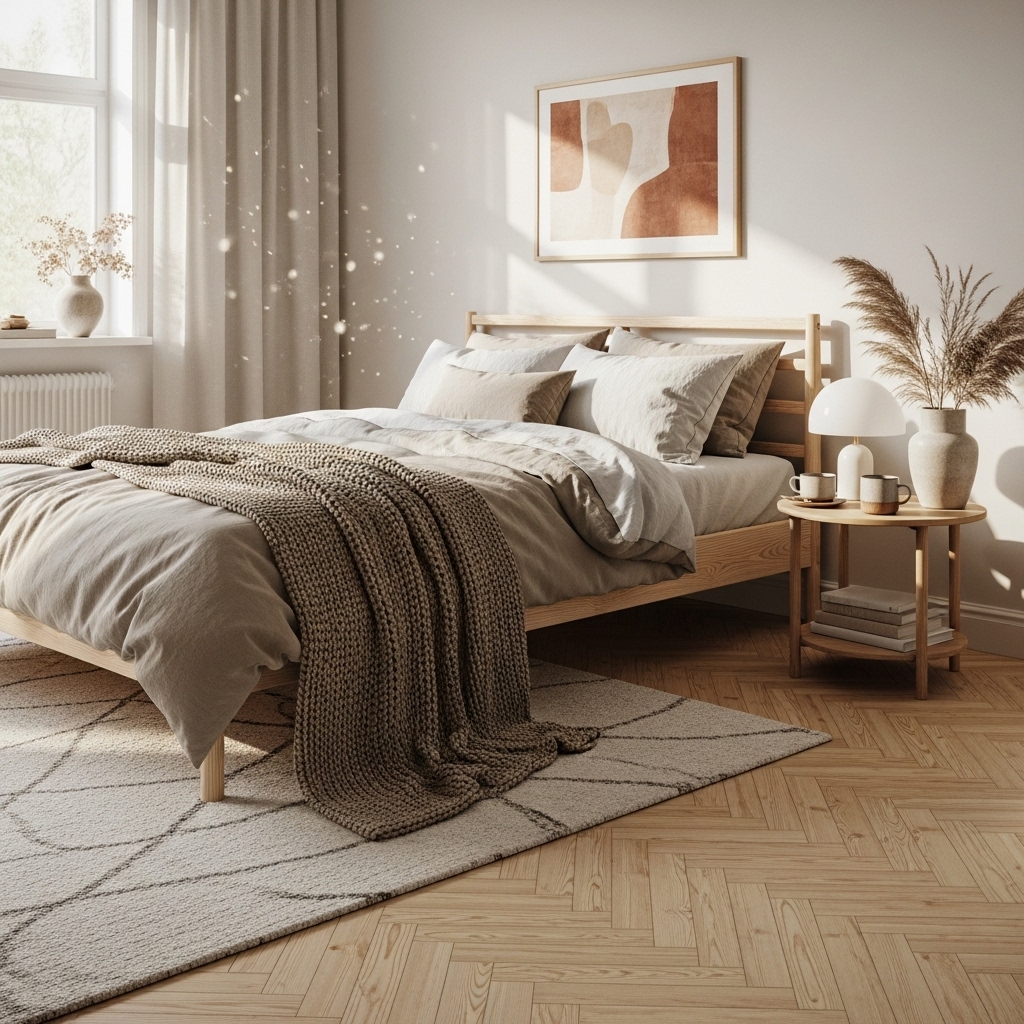 Modern room with light tone herringbone pattern flooring