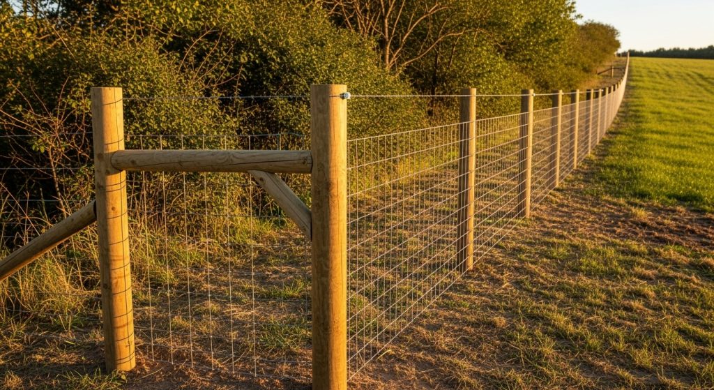 Farm fence constructed with poles and wire
