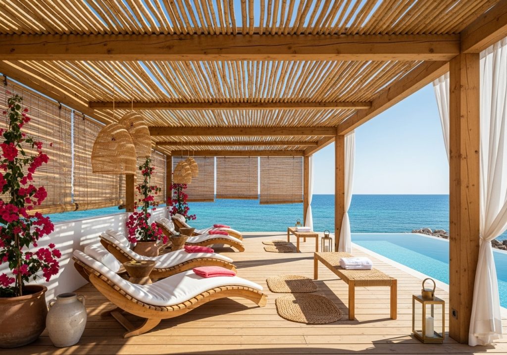 Covered lumber deck with swimming pool and beach view