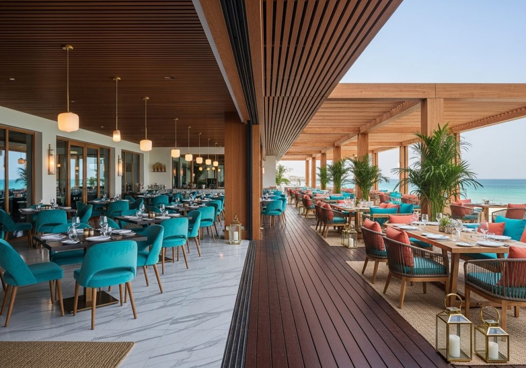 Luxury restaurant with beach view.