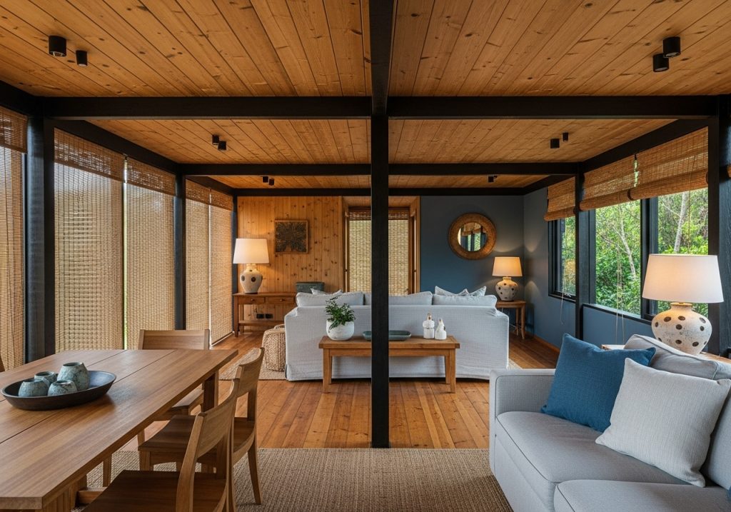 Interior with pine ceiling and flooring.