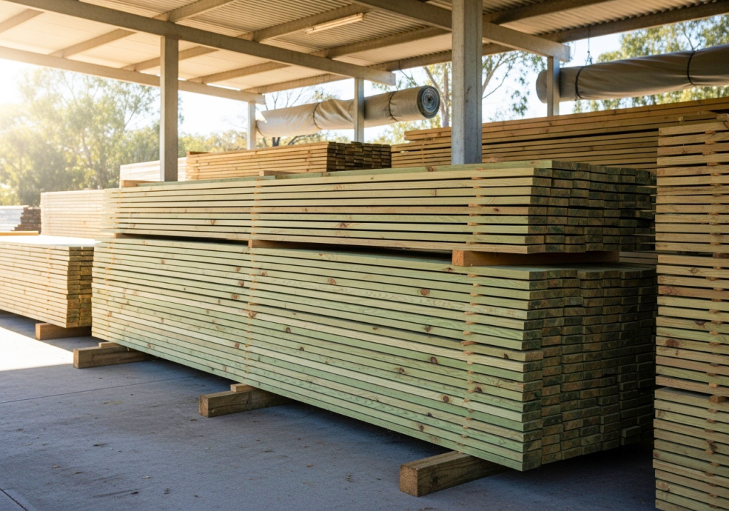 An image of treated Pine Decking stacked correctly under a roof.