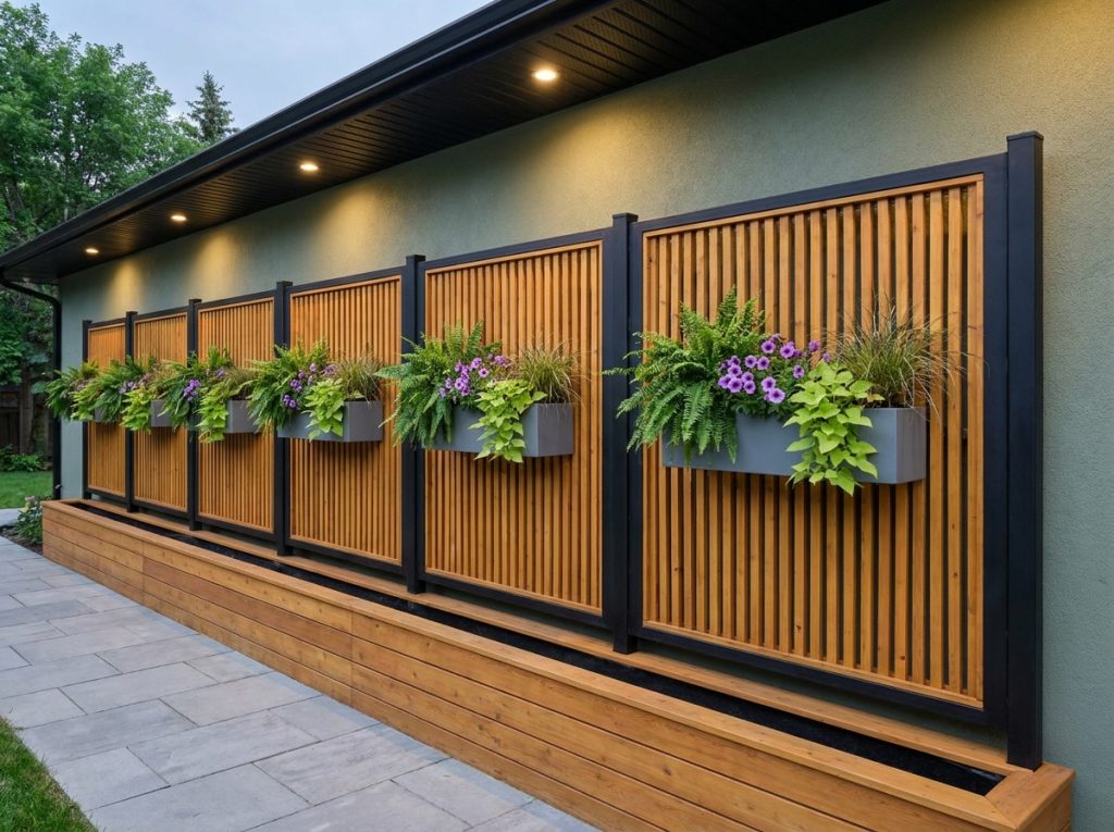 Outside vertical slatted timber for pot plants